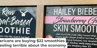 A selection of smoothies are listed in front of the high-end grocer Erewhon in Culver City, Calif., on July 17, 2024. Photo by Dania Maxwell/Los Angeles Times via Getty Images